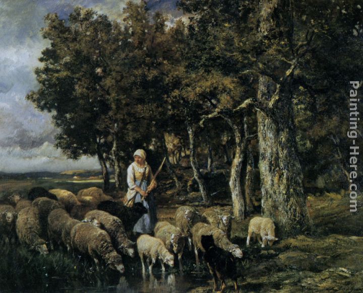 Shepherdess watering flock painting - Charles Emile Jacque Shepherdess watering flock art painting